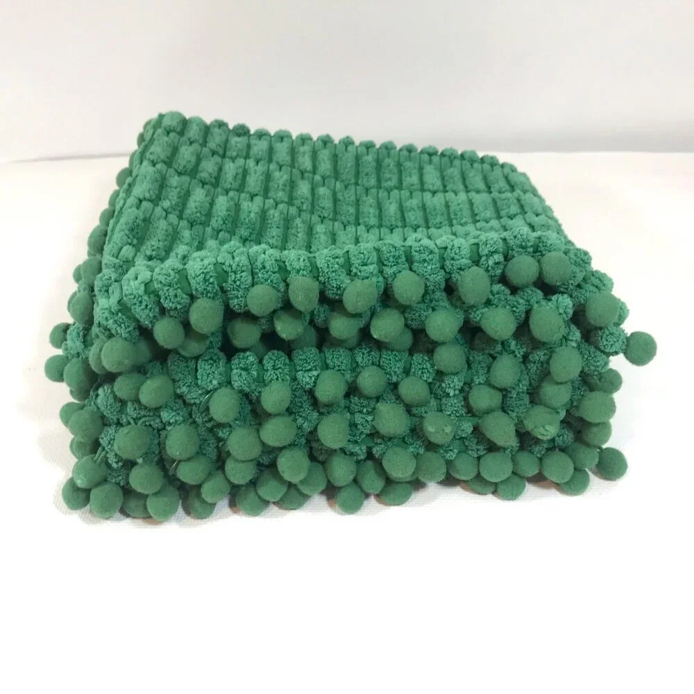 Square Chenille Pillow Cover with Pom Pom Detail Throw Pillow Slipcover Green